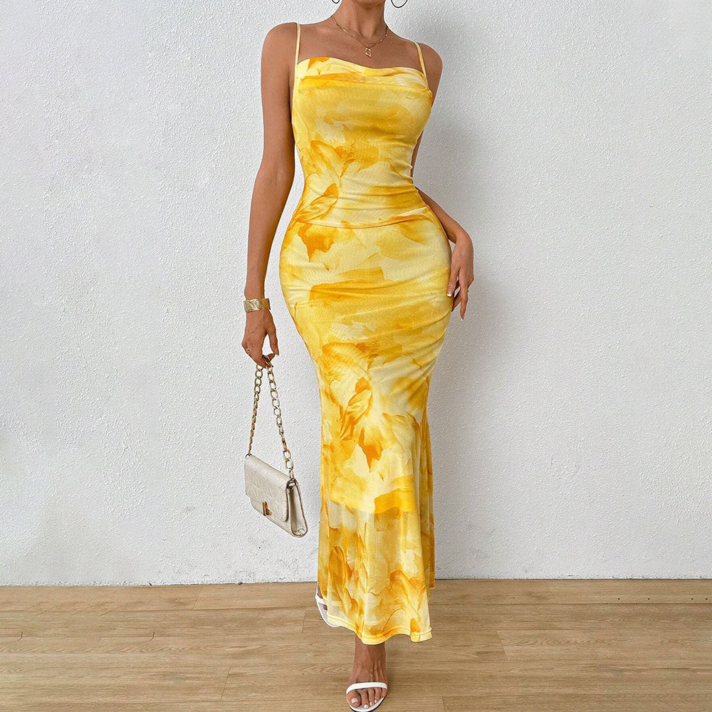 european and american  sexy bodycon camisole bandeau maxi dress - floral grey print high-waisted bodycon dress