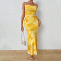 european and american  sexy bodycon camisole bandeau maxi dress - floral grey print high-waisted bodycon dress