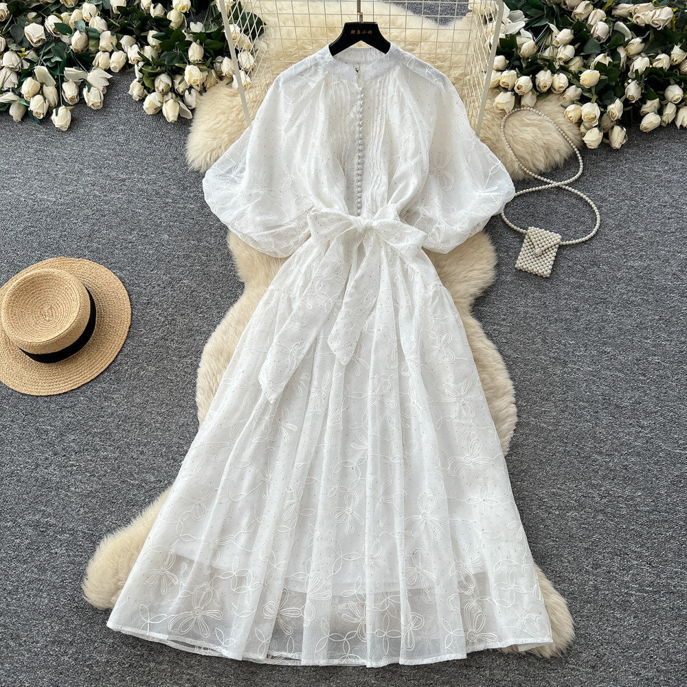 French yellow lace embroidery short sleeve dress women's summer high waist a-line dress commuter elegant long dress