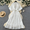 French yellow lace embroidery short sleeve dress women's summer high waist a-line dress commuter elegant long dress