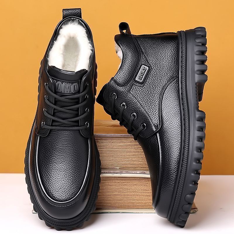 【100% genuine leather & wool】men's winter high-top leather shoes - fleece-lined, extra thick, warm, chunky sole, mid-aged dad's cotton shoes