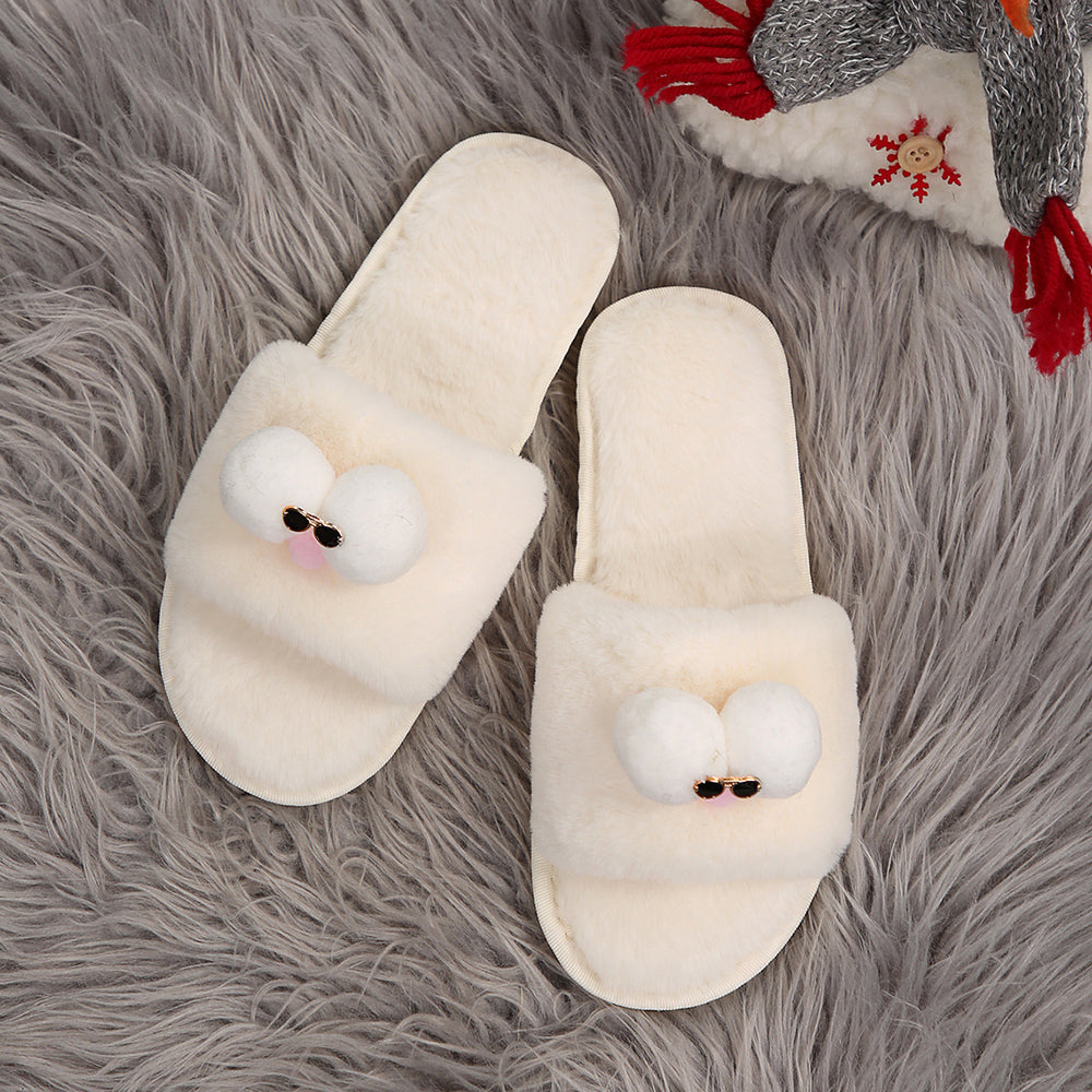 Cartoon cotton slippers for women, autumn and winter outerwear, 2024 new style, flat bottom glasses, large size fleece-linedheattech fur slippers for women