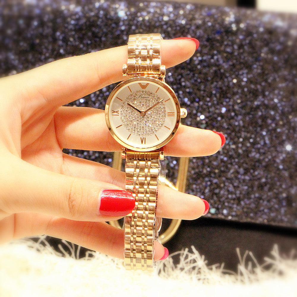 Amora stainless steel fashion watch for women, starry sky light pink dial with engraved markers, waterproof ladies' wristwatch