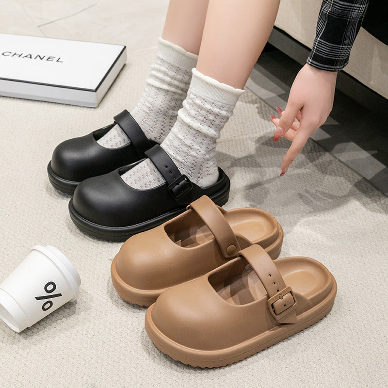 Women's Mary Jane hole shoes summer college simple versatile Birkencool slippers home wear solid color bag head slippers