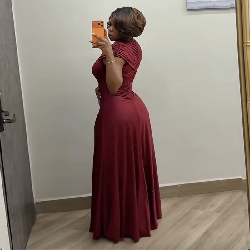European and american cross-border african women's clothing  spring new arrival: elegant round neck pleated slim-fit long dress
