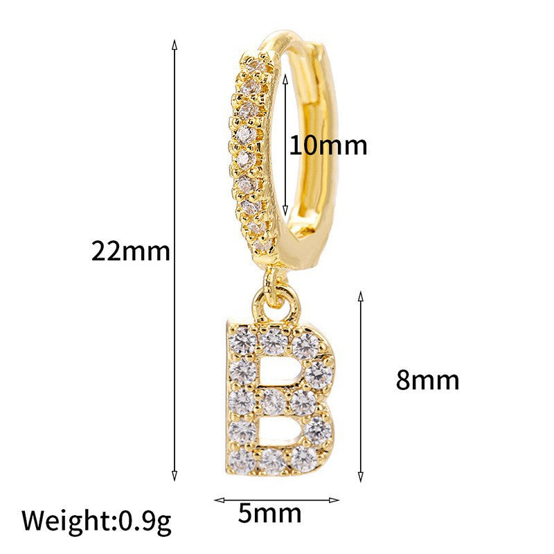 European and american gold-plated micro-paved zircon 26-letter initial pendant earrings - fashionable, unique, high-end, and chic hoop earrings with tassel detail