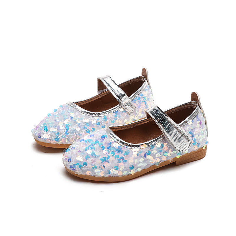Girls'  spring new collection: sparkling soft-soled princess leather shoes for mid-to-large children - wholesale direct from the manufacturer, featuring hook-and-loop fasteners