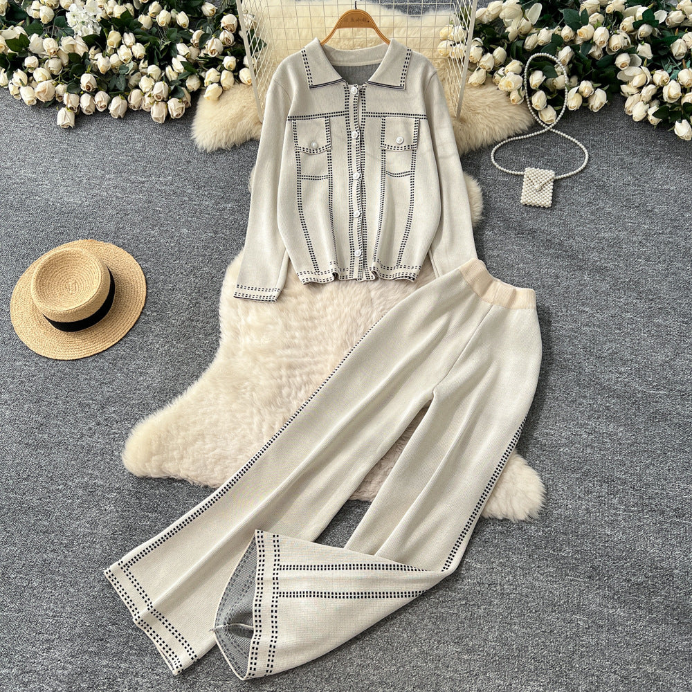 Xiaoxiangfeng wear women's autumn fashionfashioncontrast color topstitch lapel long sleeveslooseknittingtopshigh waistloose pants