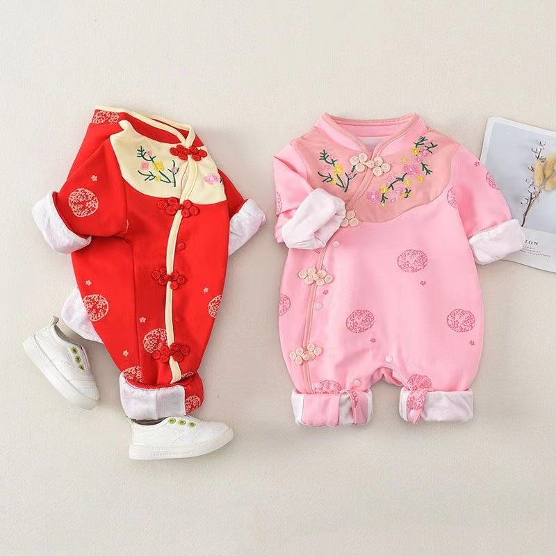Infant and toddler clothing, spring and autumn baby girl rompers, chinese style full moon princess outing, fashionable side-breasted one-piece khaki