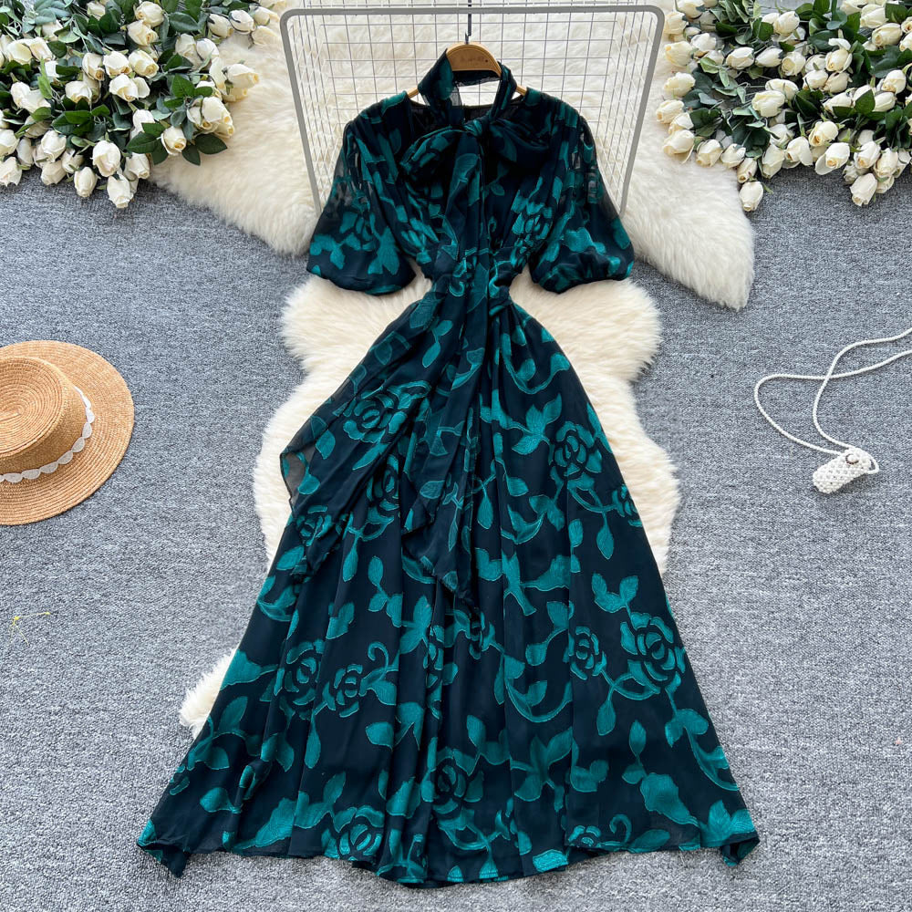 French chic bow-tie lantern sleeve dress - women's fashionable waist-cinching jacquard mesh flowy maxi dress