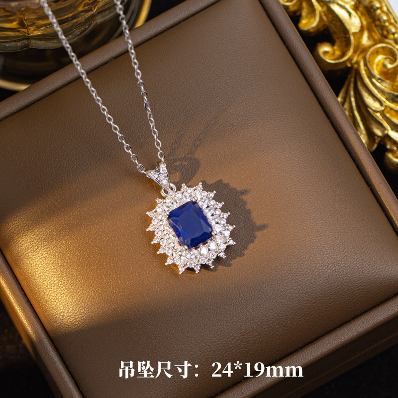hot-selling fashion light luxury square necklace, earrings, and ring set, featuring sapphire accents. a sophisticated and versatile accessory, perfect for pairing with sweaters and other outfits