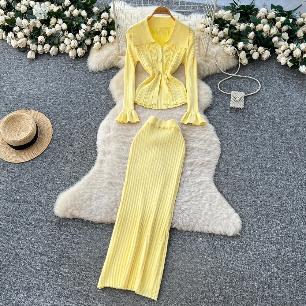 Xiaoxiangfengclassy lapel long sleeves slit knittingtopshigh waist hip-covering skirtelegantfrenchtwo-piece set