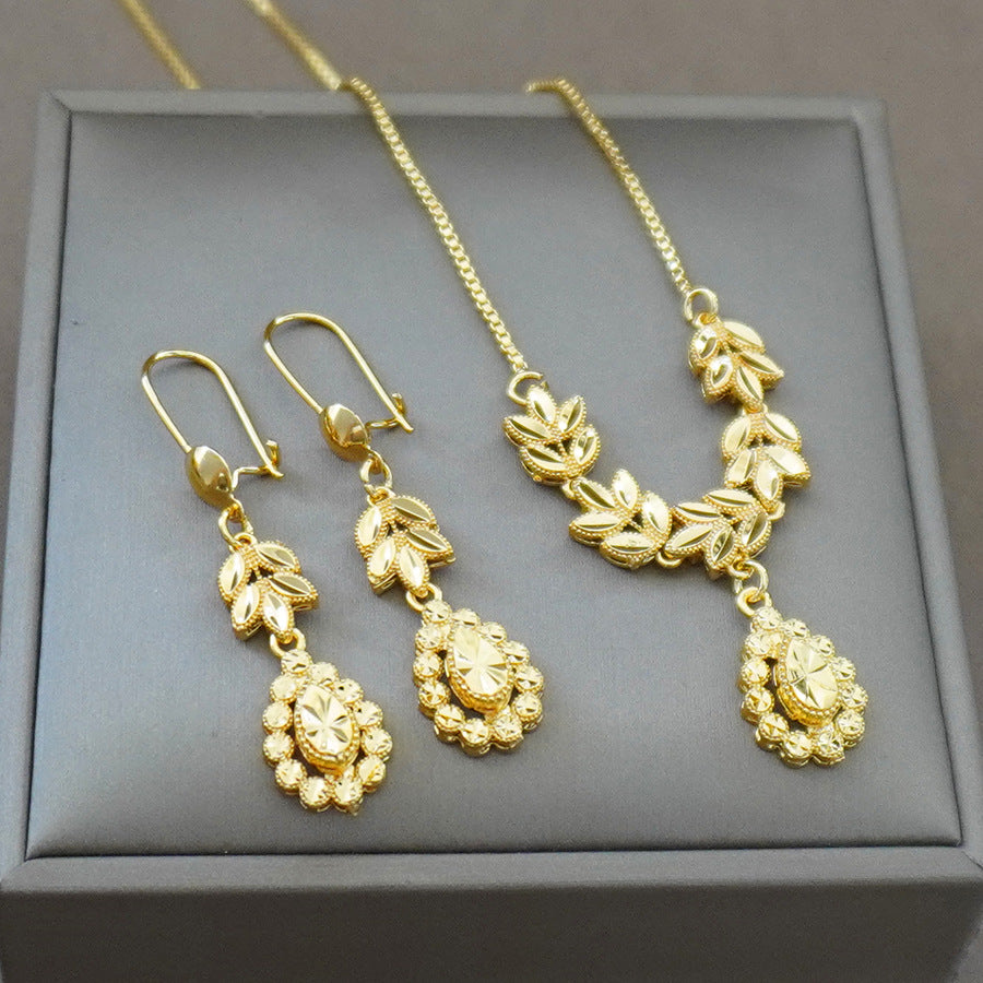 two-piece set women's leaf design necklace and earrings, ethiopian bidayai love necklace set