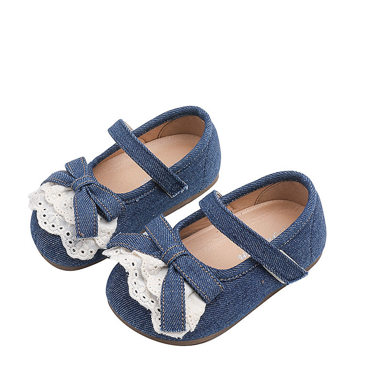 Girls' korean style leather shoes - new spring/autumn collection - bow accent, fashionable princess shoes for toddlers and young children, velcro closure, loafers