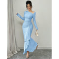 fashion  autumn new arrival elegance asymmetric slant neck waist ruffles long sleevesdress