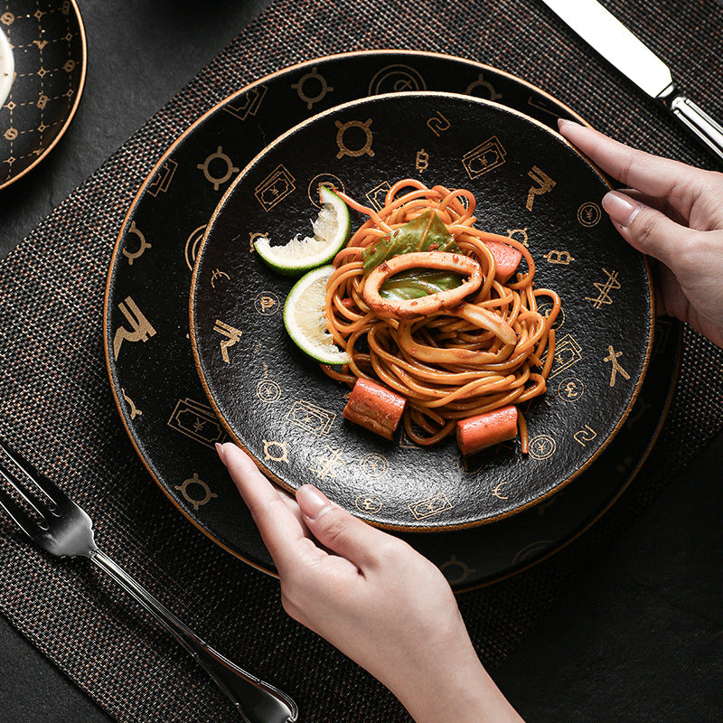Creative black matte steak plate western dinner plate home nordic high-end dinner plate flat plate with rim restaurant hotel