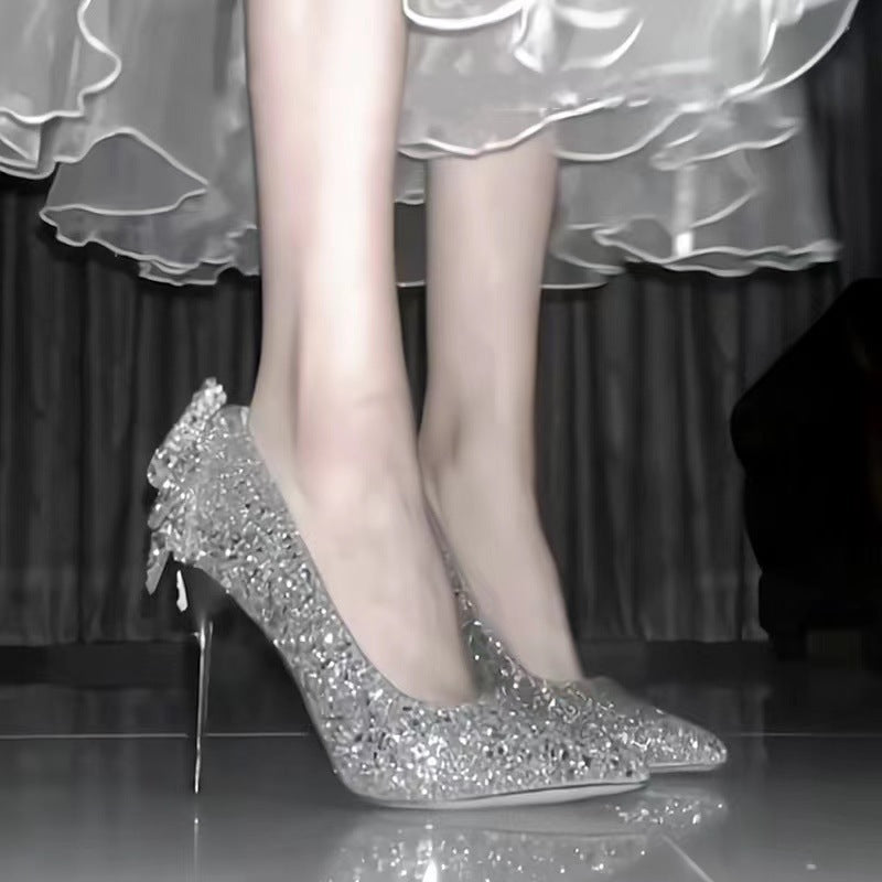 2025 spring/autumn new crystal rhinestone silver bow high heels women's stiletto high heels premium bridesmaid french wedding shoes