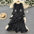 French polka dot v-neck bodycon asymmetrical dress - women's summer cinched waist ruffle trim slimming cake dress - socialite style