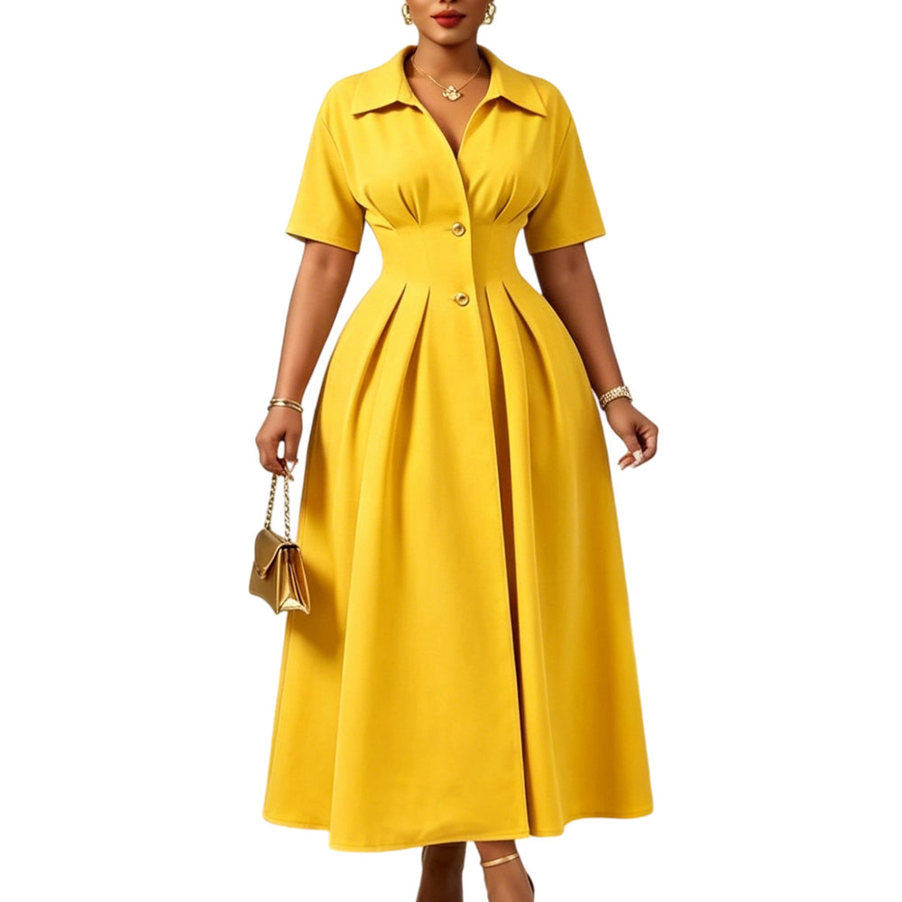 D639 european and american cross-border foreign trade  new lapel short-sleeved high waist lapel large swing mid-length foreign trade dress