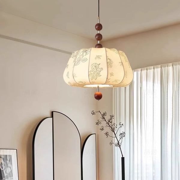 New Chinese style medieval bedside bedroom small chandelier Japanese style wabi sandy wind retro solid wood restaurant light pattern fabric chandelier