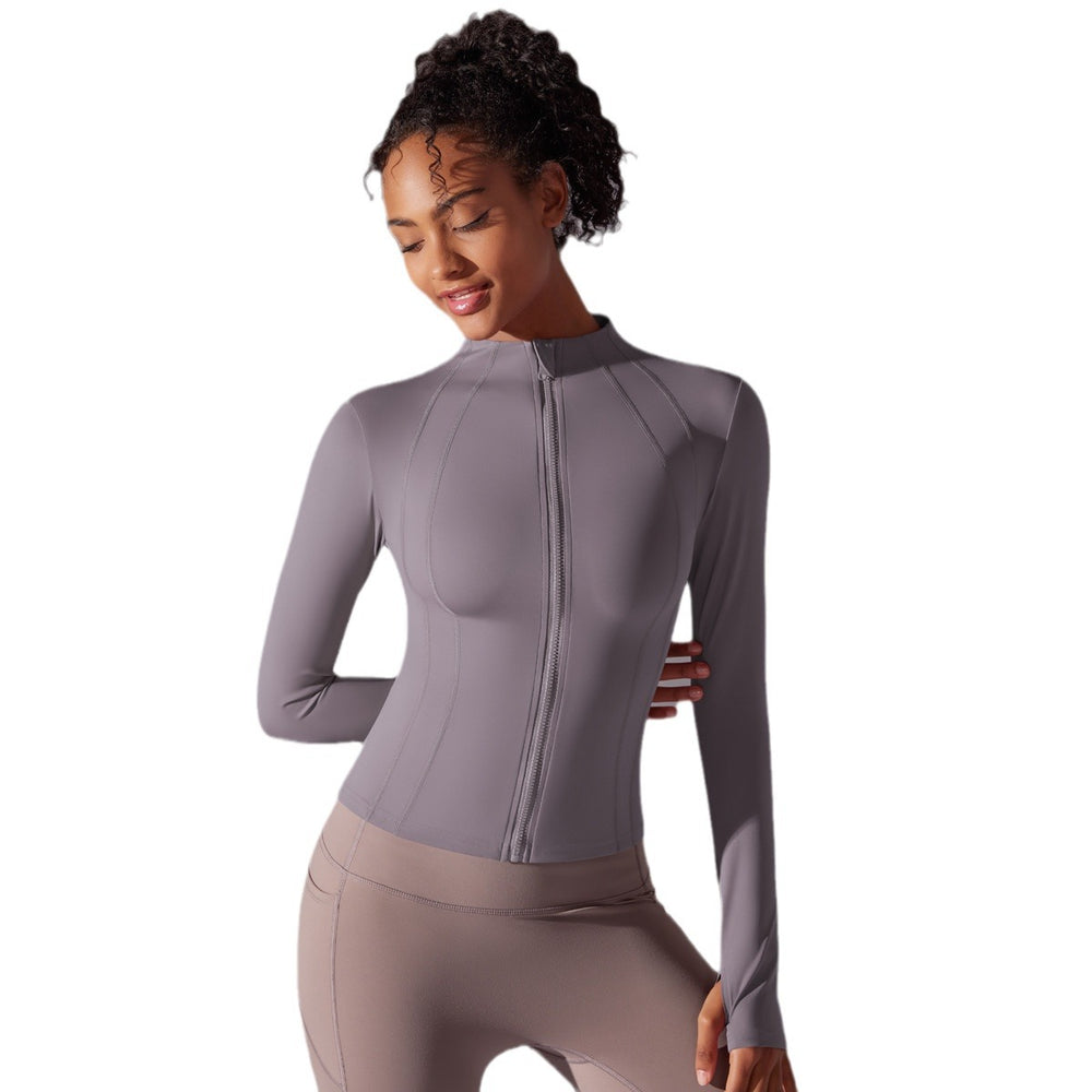 New women's solid color fitted stand collar zip-up long sleeve brushed athletic running fitness long yoga top