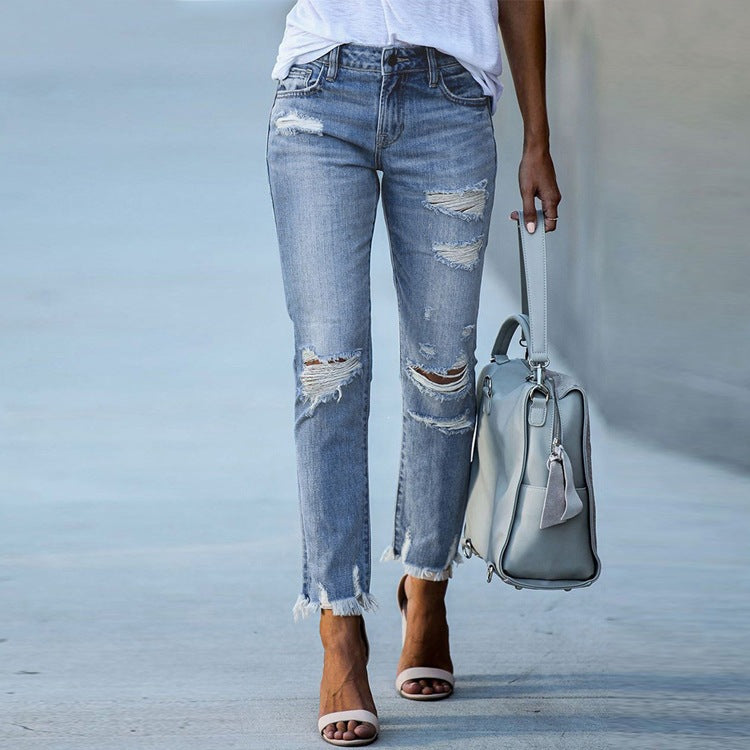 Ebay european and american cross-border  new arrival raw edge ripped silmslimming lookjeansstraight-leg nine-point pants  women