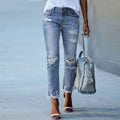 Ebay european and american cross-border  new arrival raw edge ripped silmslimming lookjeansstraight-leg nine-point pants  women