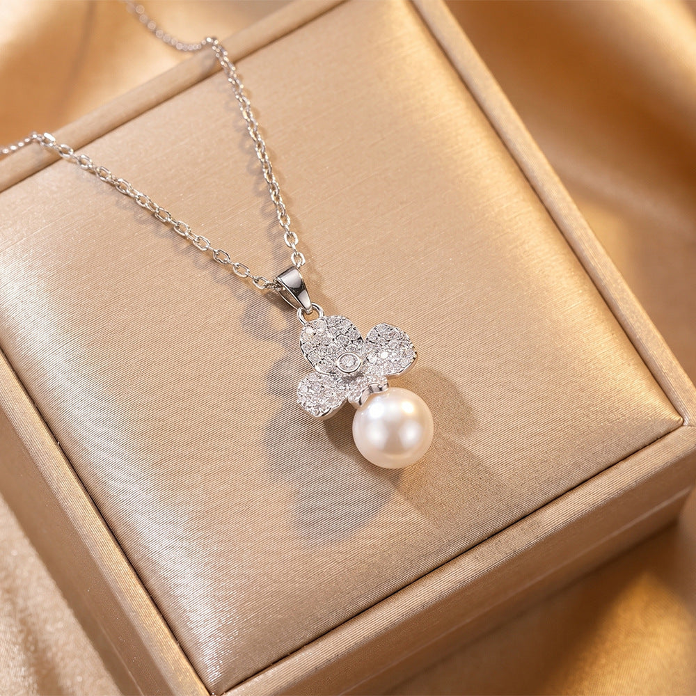 European and american hot-selling fashion zircon pearl necklace for women, lightweight luxury, niche, versatile, elegant, fashionable titanium steel clavicle chain jewelry