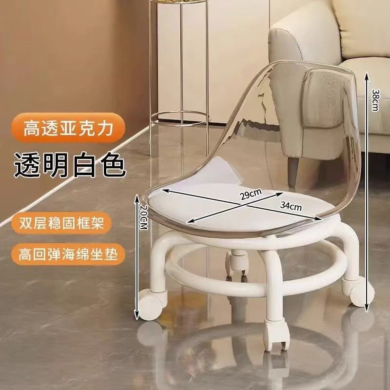 Acrylic universal wheel low stool silent transparent backrest small chair with baby pulley low stool Internet celebrity shoe changing stool