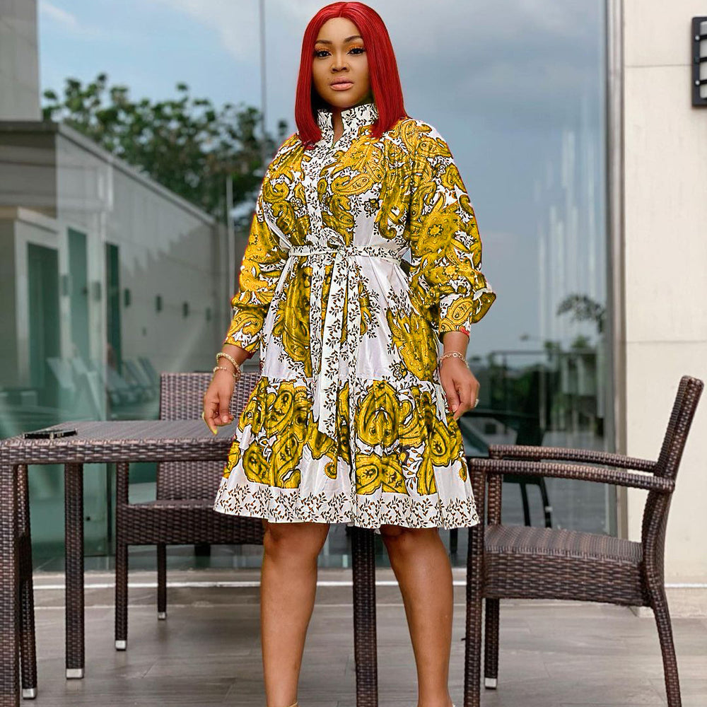 D114t women's autumn fashion printed tie-up maxi dress - plus size european & american style - perfect for cross-border e-commerce on