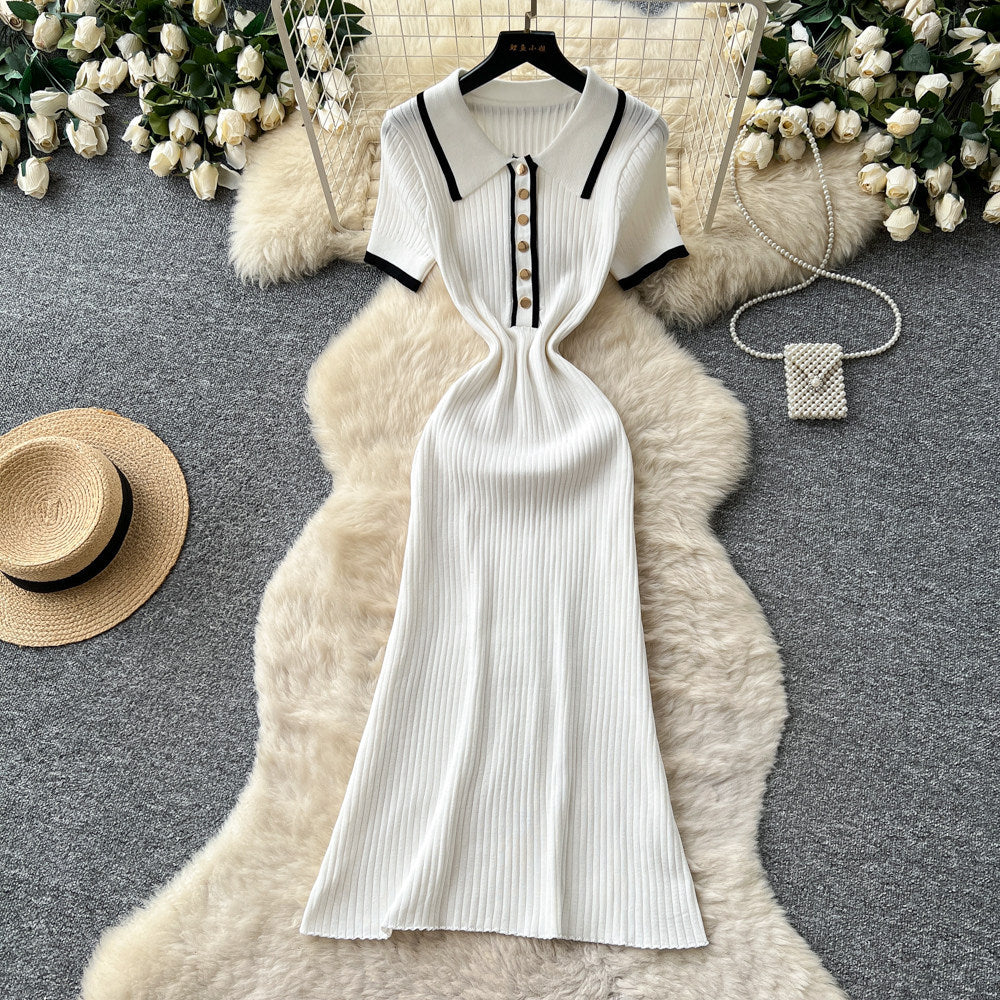 Korean style commute knit sweet & chic dress - women's short sleeve polo collar slim fit a-line dress - high-end design