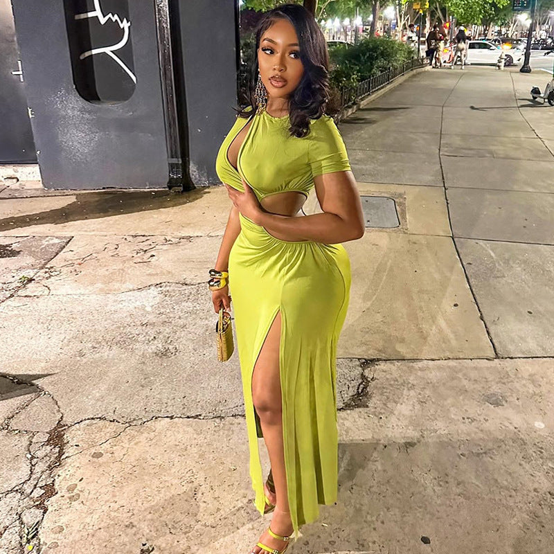 European and american style cross-border elegant women's fashion hollow-out slit socialite irregular skirt round neck solid color pleated dress