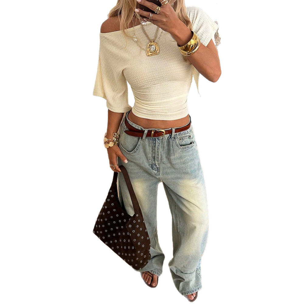summer women's clothing best selling gentle style off-the-shoulder tops textured flare sleeves silmslimming look short sleeves