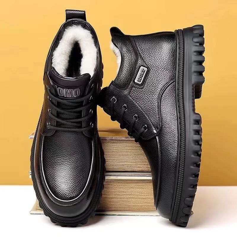 2025 men's high-top leather winter boots: fleece-lined, warm, genuine leather, dad shoes, thick-soled, anti-slip snow boots for men