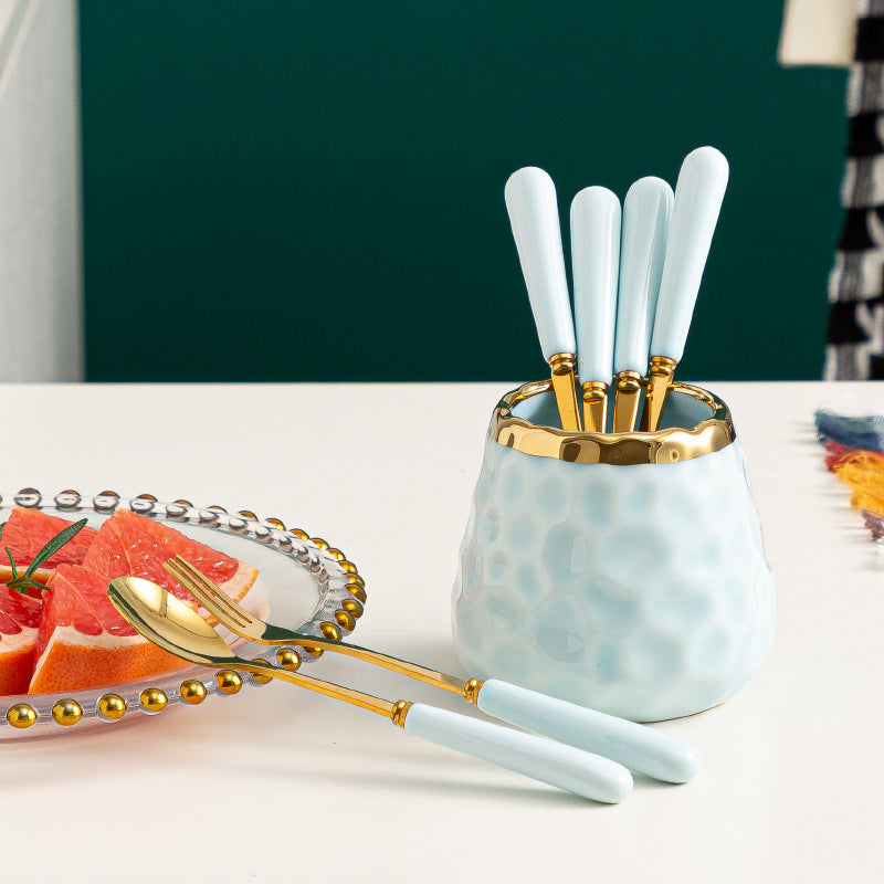 Simple fruit fork spoon ceramic storage jar stainless steel high-looking ceramic handle fruit fork household set wholesale