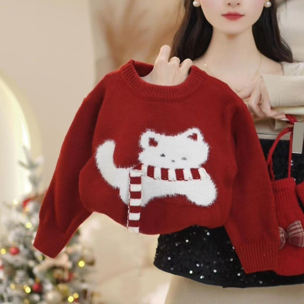 Girls' sweater  new korean style kitten thickened sweater christmas red knitted top new year's greeting outfit