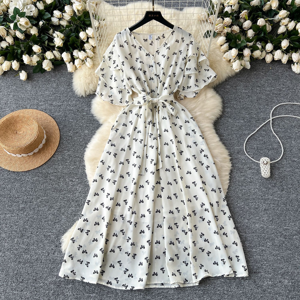 Gentle style female niche styleretro tea break v neck bell sleeves tie back waist slimming look a-line large swing floral dress for women
