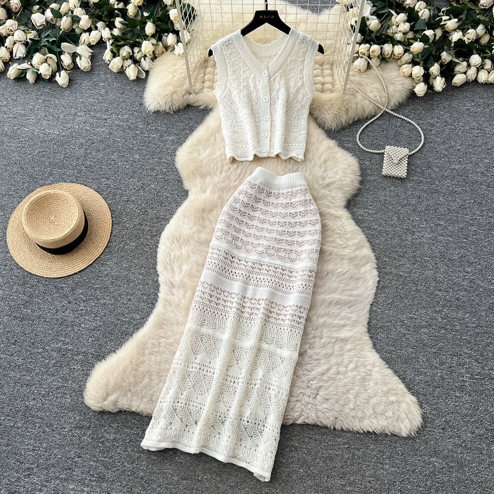 Vacation style cut out silm type lacetwo-piece set women's summerhigh waistslimming look vest skirtelegantsuit