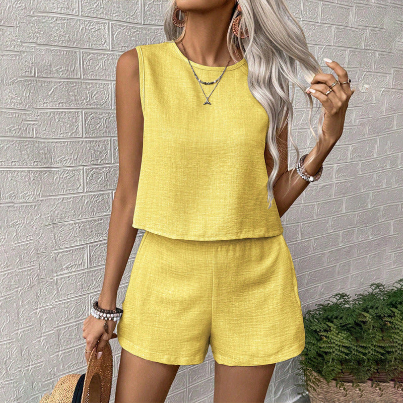 Xibo women's clothing  summer new collection: women's solid color minimalist fashion casual sleeveless top and shorts set