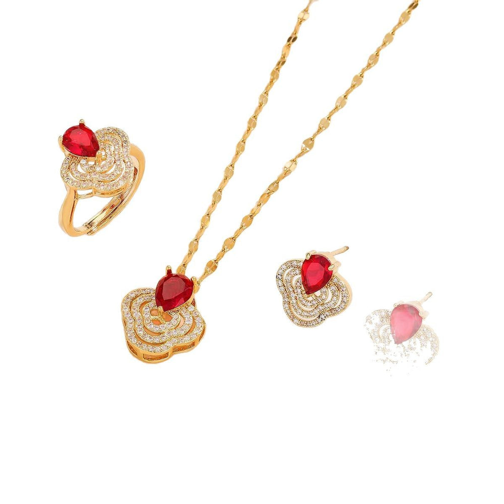 [titanium steel] necklace women's ruby flower pendant earrings ring suit light luxury clavicle chain earrings jewelry wholesale