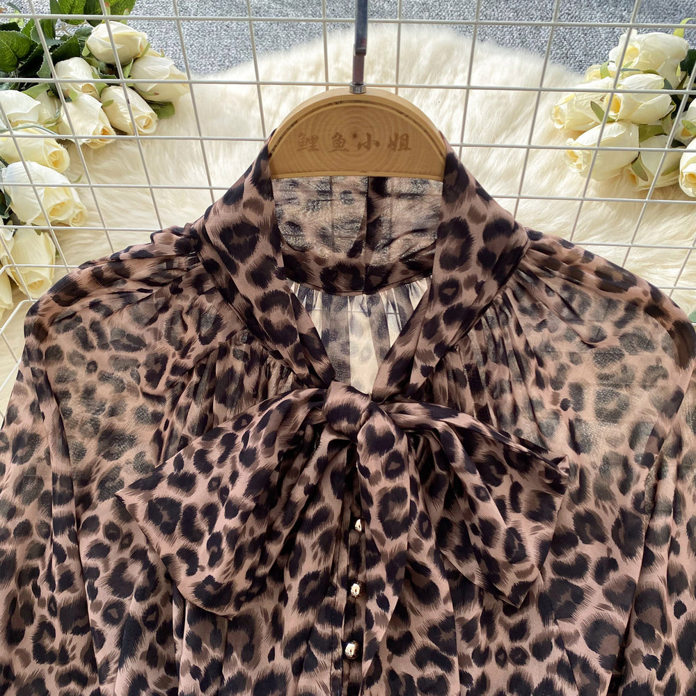 European and american style niche chic dress - women's fashionable silk scarf tie-waist lantern sleeve leopard print mesh a-line mini dress