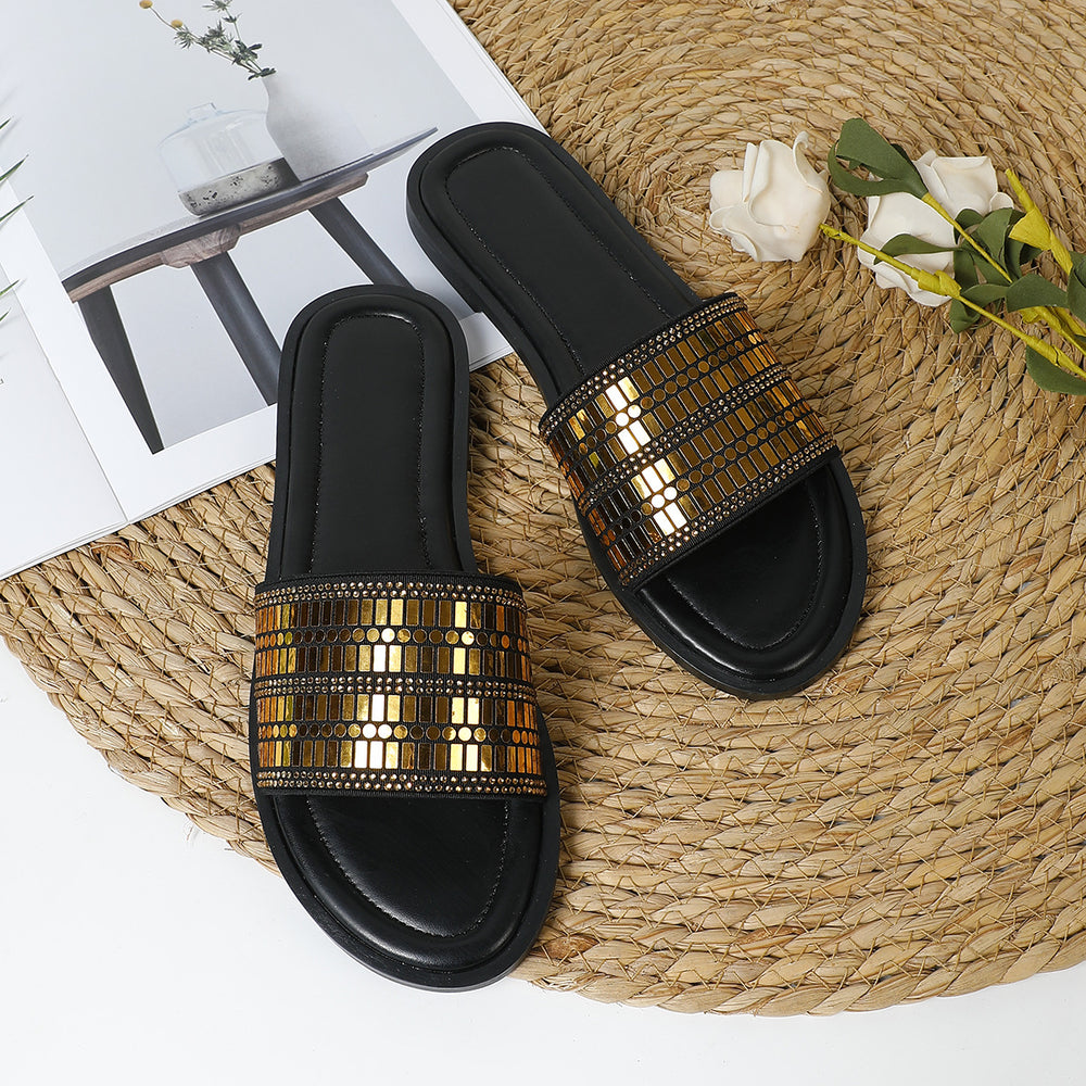 Women's flat sandals and slippers - new fashionable sequin round toe flat sandals with rhinestone embellishments for women