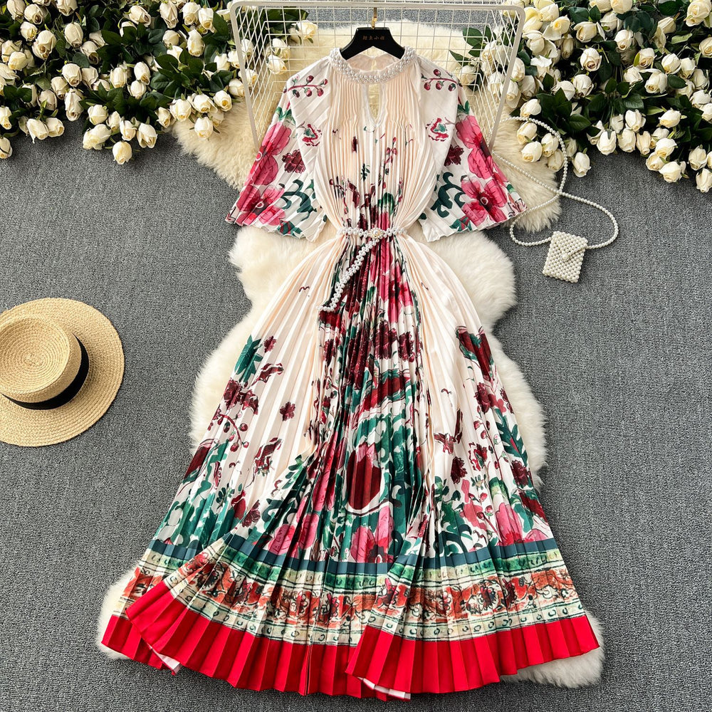 European and american high-end elegant dress - new women's beaded round neck short sleeve cinched waist loose pleated printed maxi dress