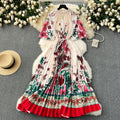 European and american high-end elegant dress - new women's beaded round neck short sleeve cinched waist loose pleated printed maxi dress