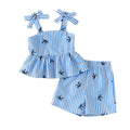 Baby girl blue and white pinstripe bowknot suspender top and shorts summer fresh outfit set