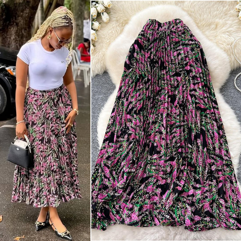 Chiffon midi skirt - women's autumn  new arrival: flattering, flowy, a-line skirt with pleats and floral print