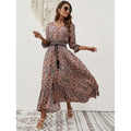 Real shot rayon fixed slotprinting three-quarter sleeve waist bohemiadress travel and vacation buttoned beach dress