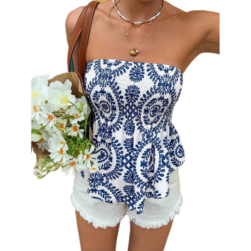 Women's printed bandeau top - cinched waist, strapless, open back - perfect for summer vacations, street style, and casual wear