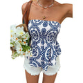 Women's printed bandeau top - cinched waist, strapless, open back - perfect for summer vacations, street style, and casual wear