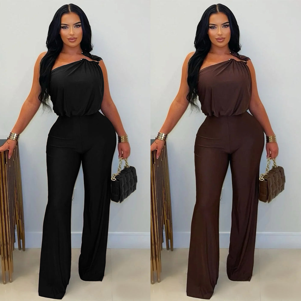 C7578 cross-border   fashion women's casual one-shoulder sleeveless bodycon wide-leg jumpsuit